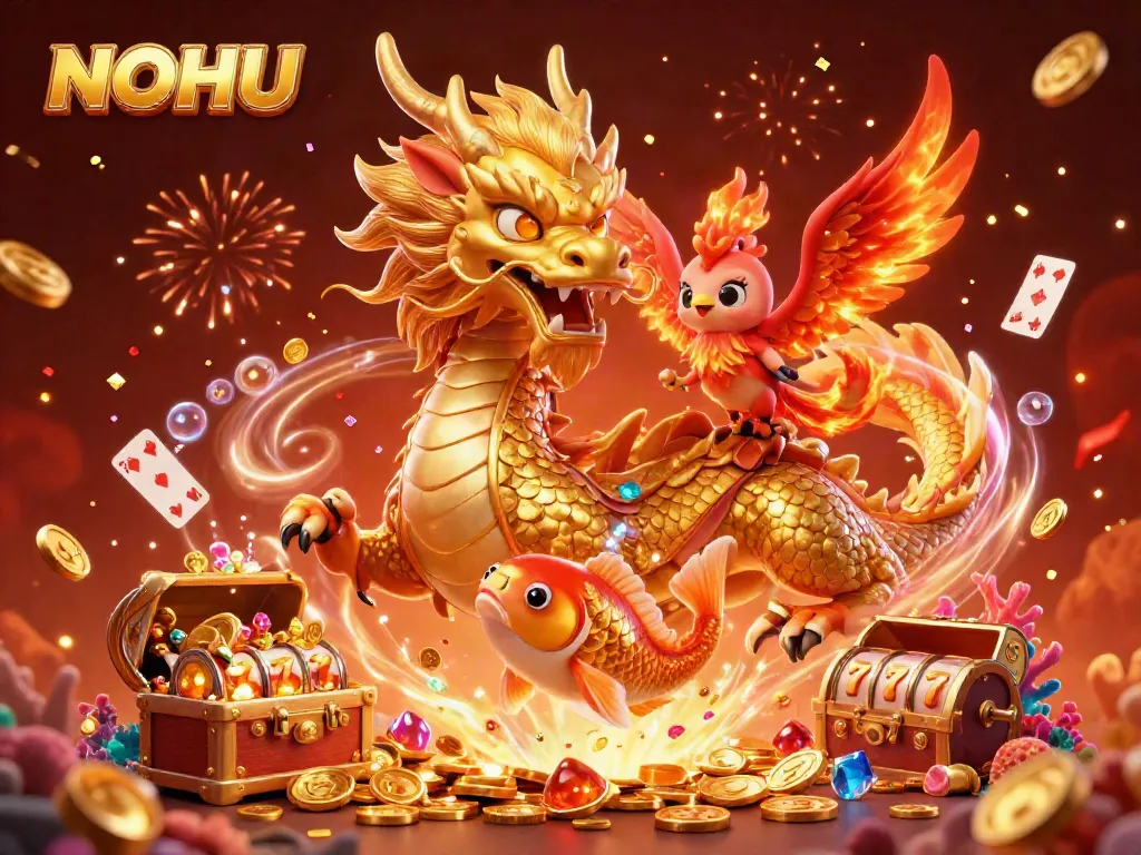 Experience the thrill of NOHU gaming with a vibrant 3D illustration featuring a dragon, phoenix, and koi fish amidst gold coins and slot reels.