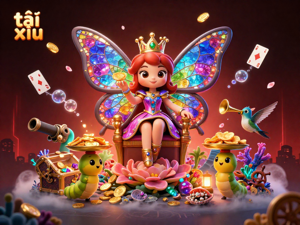 Experience thrilling tài xỉu action with a dazzling butterfly queen amidst a treasure-filled casino.