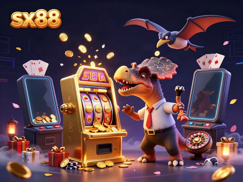 Experience excitement at sx88 as dinosaurs engage with slot machines, combining adventure and gaming.