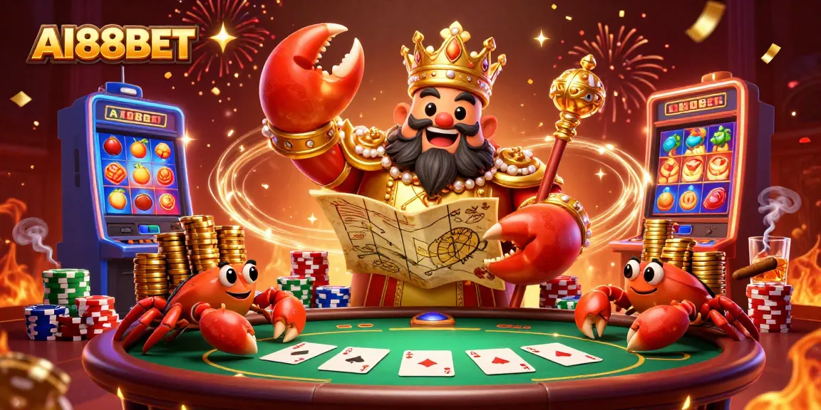 Experience the excitement of AI88BET with a golden crab emperor and vibrant casino elements