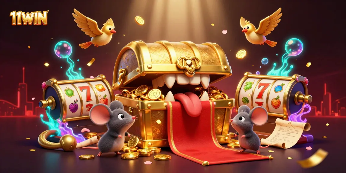 Players explore vibrant treasures with 11WIN's animated slot reels and gold coins.