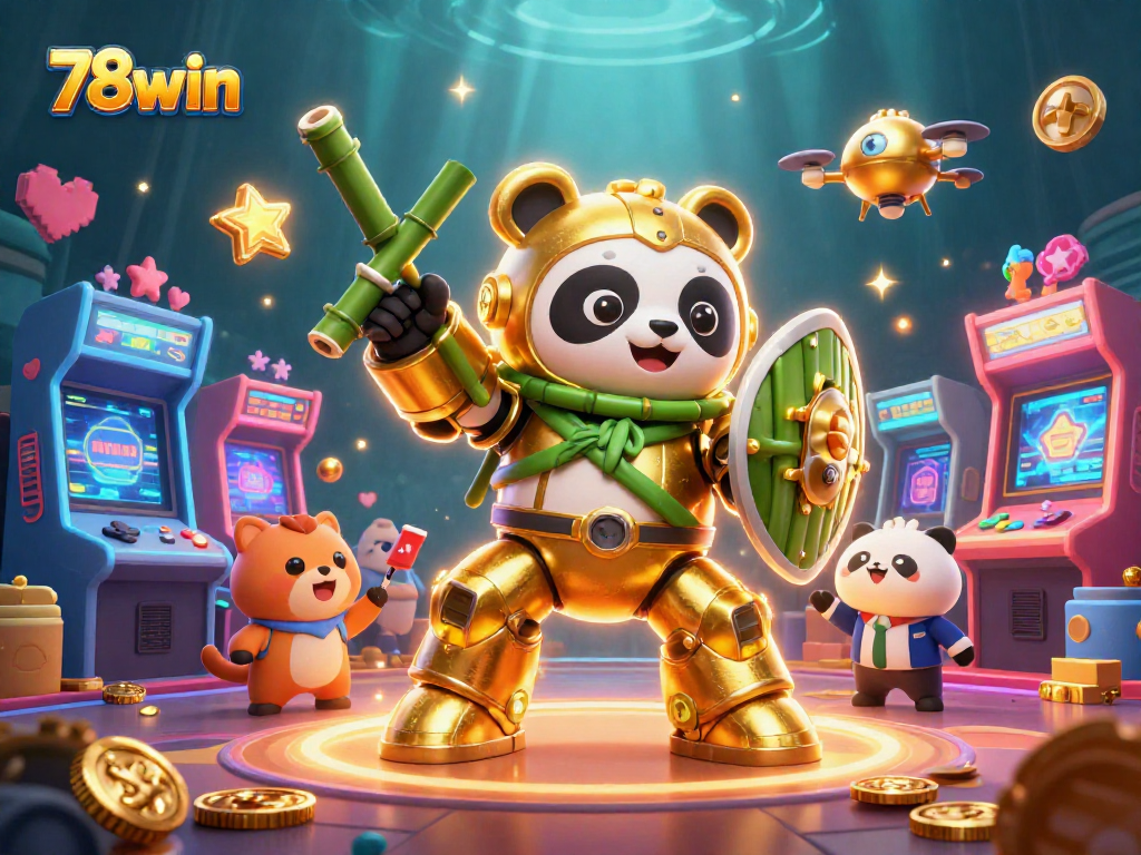 Experience the excitement of 78win with a dynamic 3D casino scene featuring a mech-suit panda!