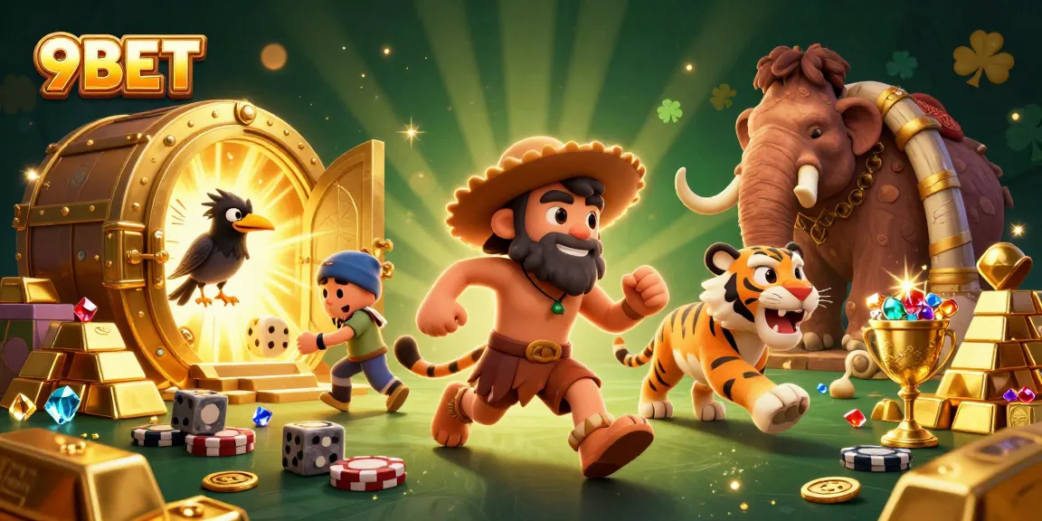 Engage with 9BET in this vibrant casino scene featuring a caveman, sabertooth tiger, and clever crow.