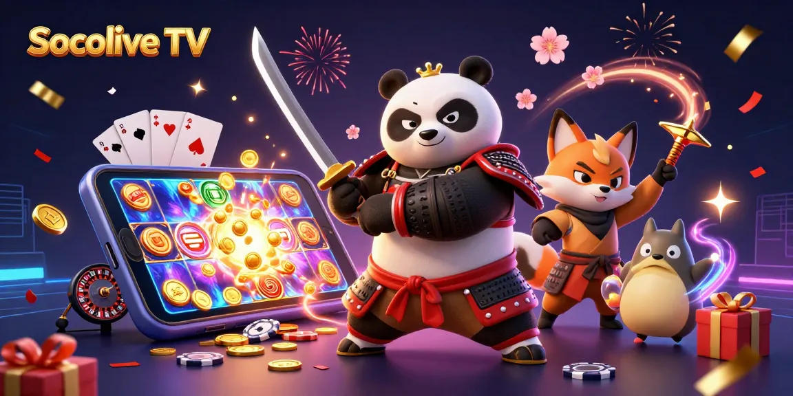 Socolive TV showcases live sports betting action depicted by samurai panda and ninja fox surrounded by casino elements.