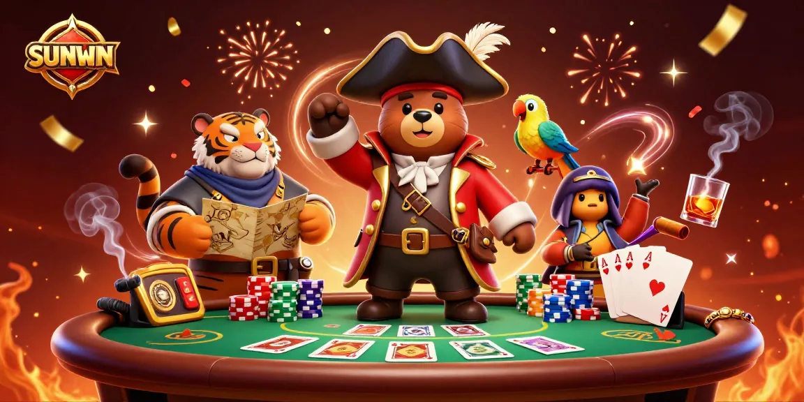 SUNWIN showcases a lively pirate captain bear and tiger playing poker at an exciting online casino.