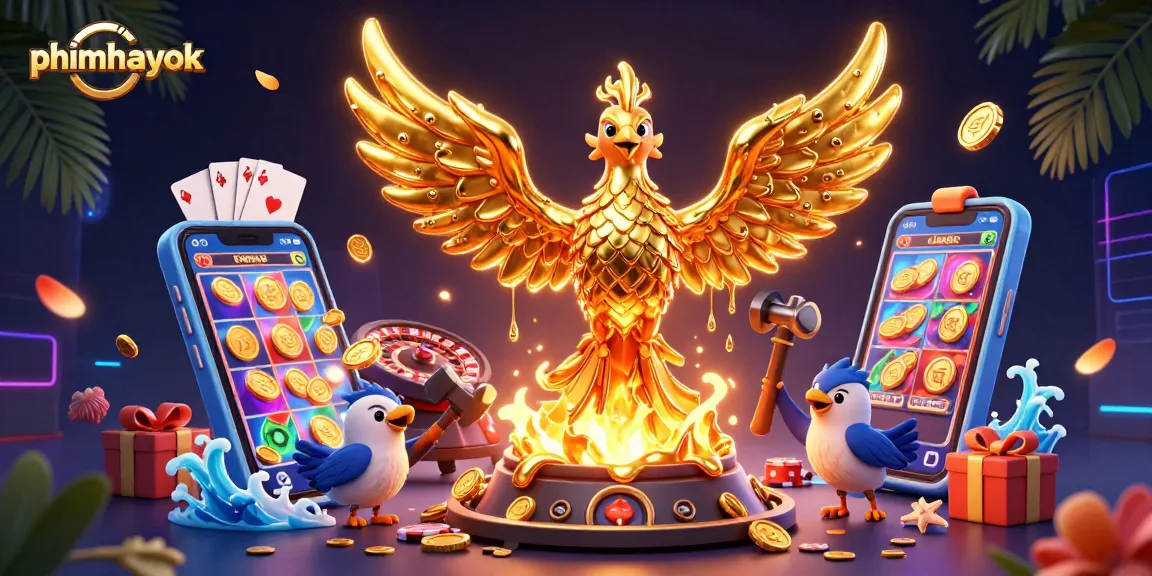 Experience thrilling wins with phimhayok's vibrant gaming scene featuring a golden phoenix and rich casino elements.