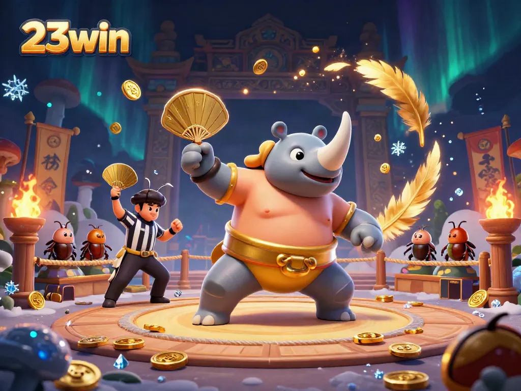 Engage with 23win's vibrant casino atmosphere featuring a beetle champion and dynamic game elements.