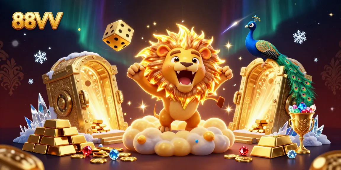 Engage with 88VV's vibrant casino experience featuring a roaring lion and sparkling treasures.