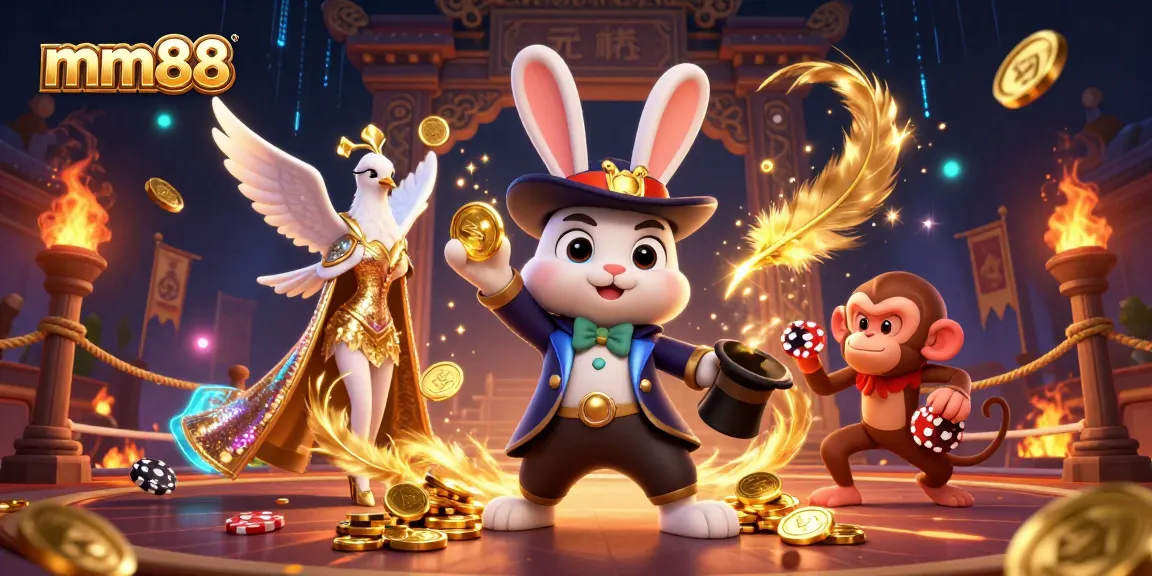 Experience the excitement of mm88 with a magician rabbit, dove, and monkey in a vibrant casino scene.