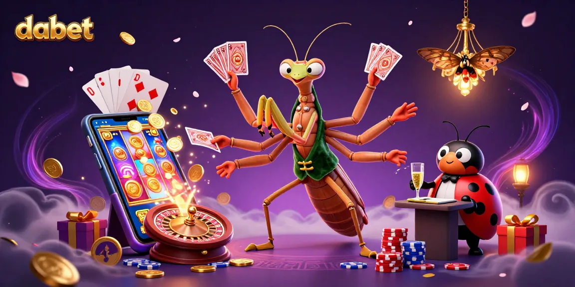 Dabet showcases a vibrant 3D cartoon scene of a card sharp mantis and ladybug pit boss in a lively casino.