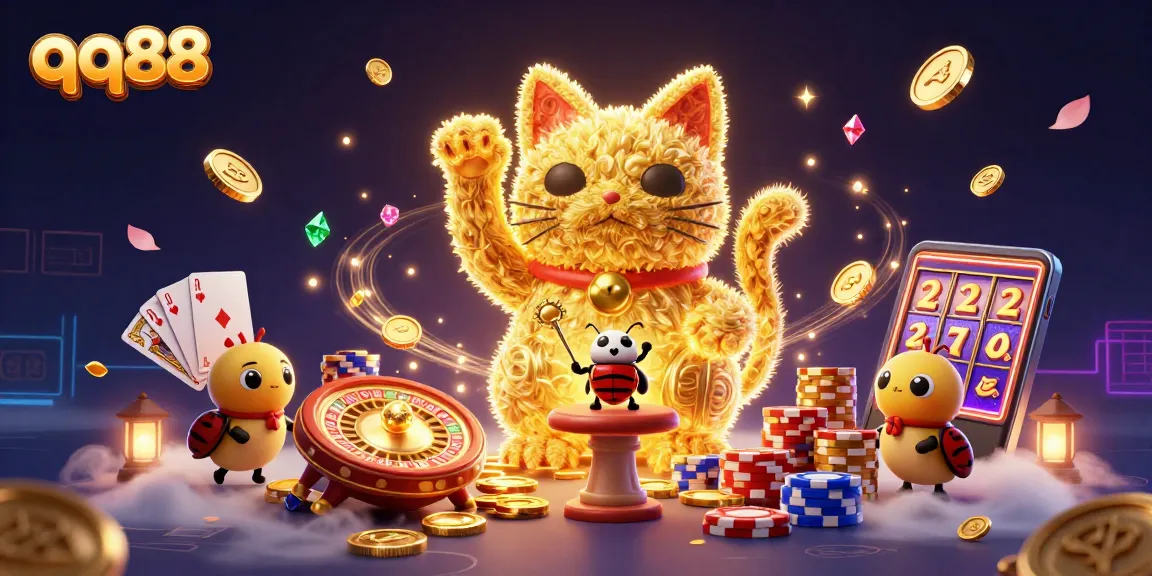 Experience the animated charm of qq88 with a giant lucky cat surrounded by dazzling casino elements.