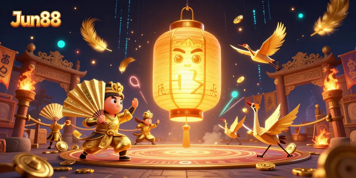 Engage with Jun88's vibrant casino atmosphere featuring golden lanterns, lucky symbols, and dynamic game elements.