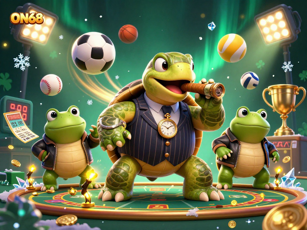 Experience thrilling action at ON68 with an exciting 3D casino scene featuring a turtle mobster.