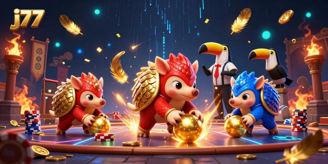 j77 pangolins clash in a vibrant casino scene amidst poker chips and golden sparks.