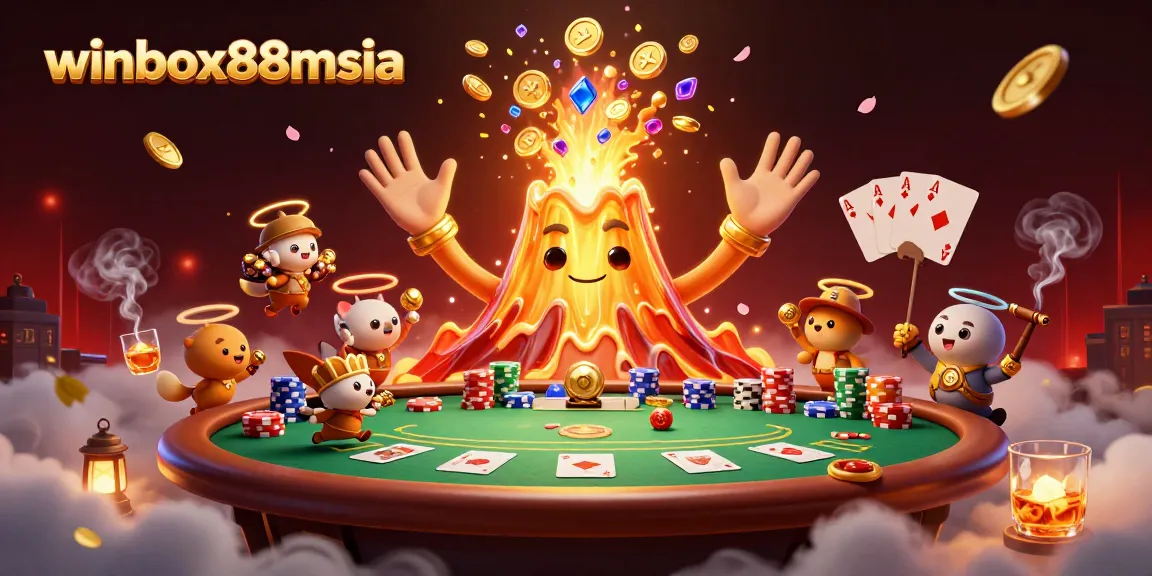 Engage with winbox88msia's thrilling casino action featuring a lively volcano and poker elements.
