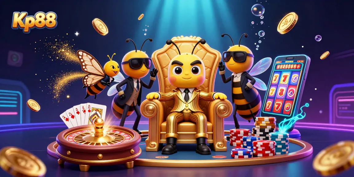 Kp88 casino scene featuring a bumblebee mob boss and a butterfly informant amidst a wealth of coins and cards.