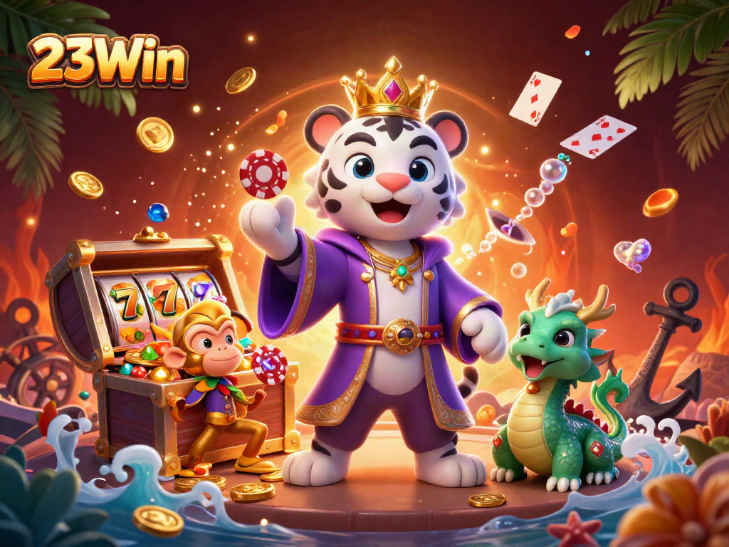 Engage with thrilling slot adventures at 23Win featuring vibrant characters and dynamic casino elements.
