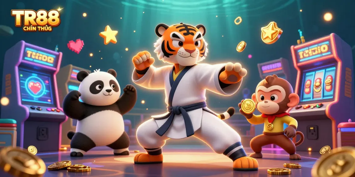 Experience the excitement of TR88 CHÍNH THỨC with a lively 3D illustration featuring gaming characters and slot machines.