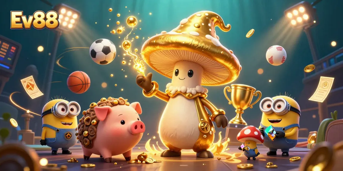 Experience Ev88's thrilling gaming with vibrant characters and dynamic sports elements in this 3D illustration.