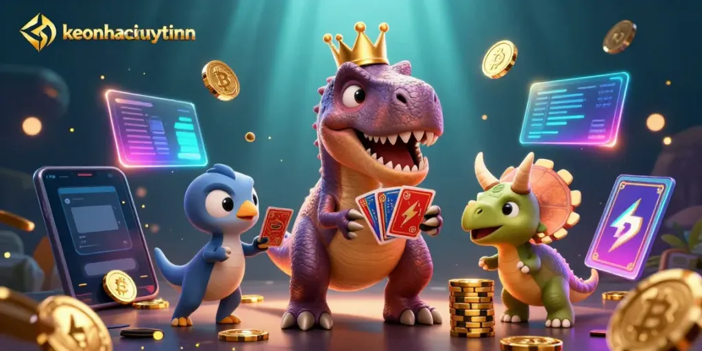 Engaging scene with keonhacaiuytinn characters shuffling cards and stacking chips in a lively casino environment.