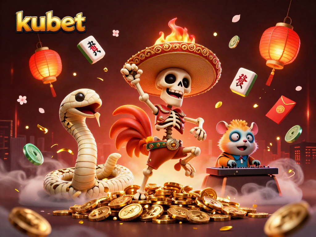 Kubet gaming illustration depicting a winning skeleton mariachi rooster surrounded by festive casino elements