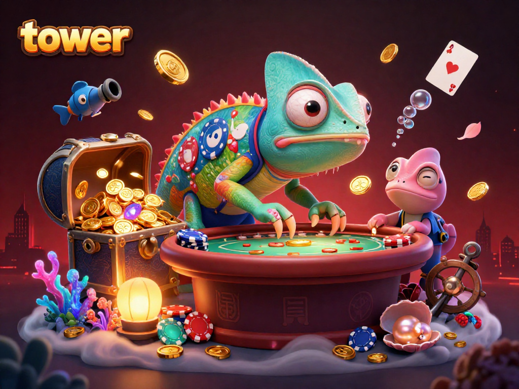 Experience the thrill of tower gambling with vibrant visuals and dynamic chameleon character.