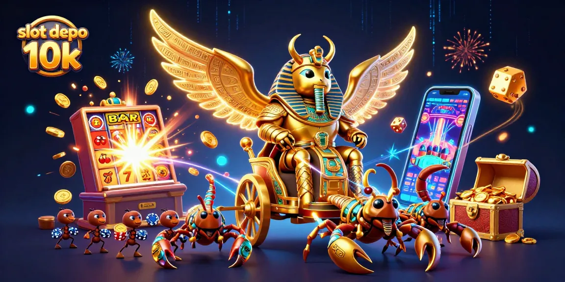 Experience the excitement of slot depo 10k with a colossal scarab and jackpot elements in a vibrant casino scene.