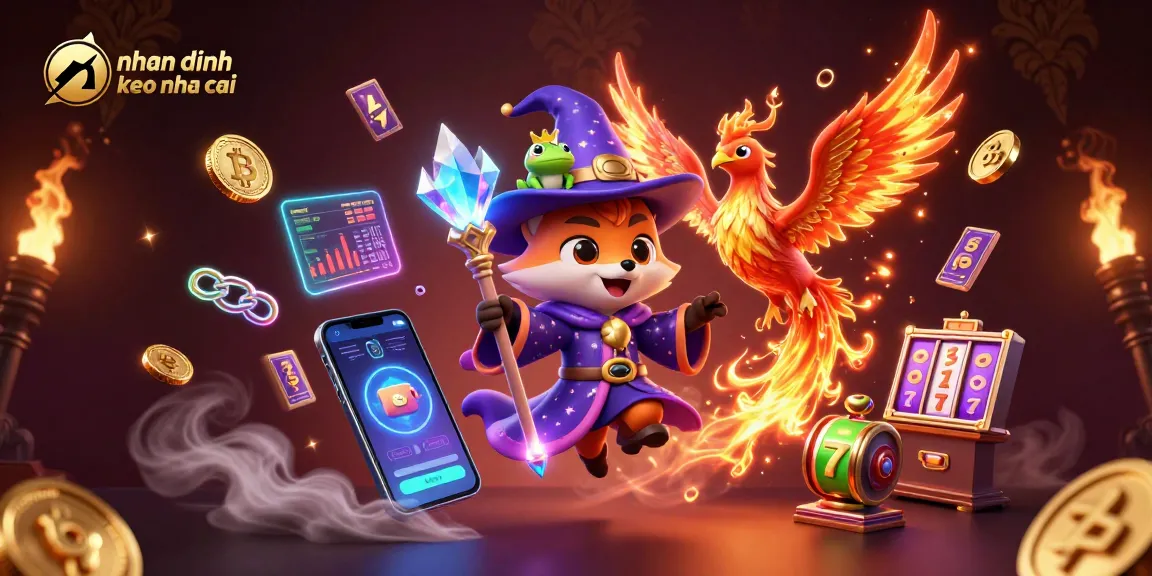 Engage with exciting nhan dinh keo nha cai visuals featuring a wizard fox, phoenix, and vibrant casino elements.