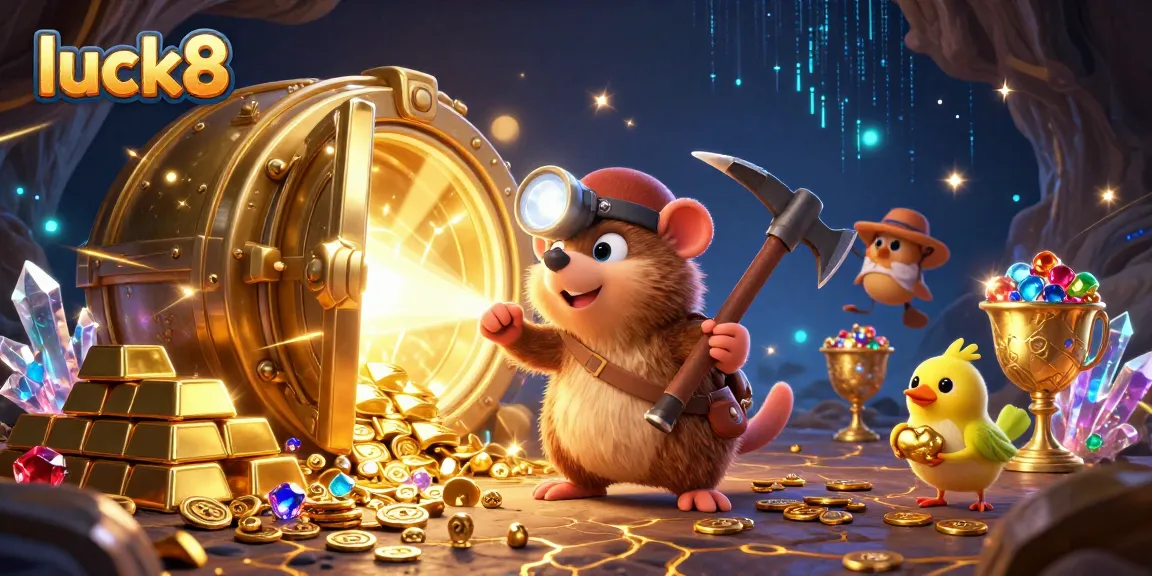 Engage in thrilling gaming at Luck8 with this vibrant illustration featuring treasure hunters and jewels.