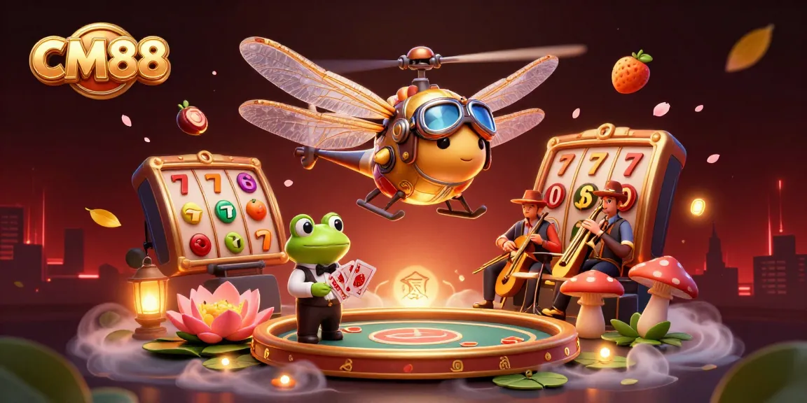 Experience fun at CM88's vibrant casino scene with animated characters, cards, and festive elements.