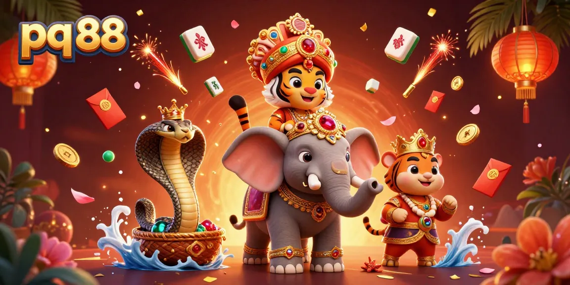 Engage with pq 88's vibrant world of online gaming, showcasing an elephant, tiger, and mahjong tiles.