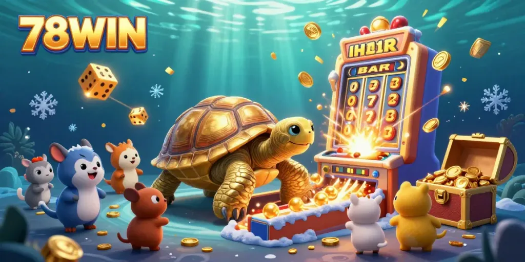 Experience exciting games at 78WIN with a golden tortoise pinball machine surrounded by casino elements.