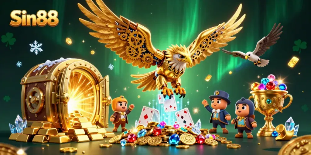 Experience thrilling bets at Sin88 Casino with an energetic scene of golden treasures, cards, and a cybernetic eagle.