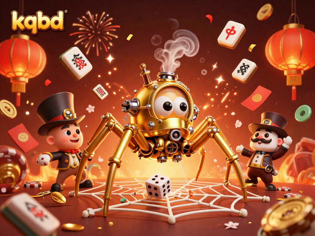 Engage with the thrilling kqbd dynamic as the charming golden spider captures unlucky dice in a colorful festive scene.