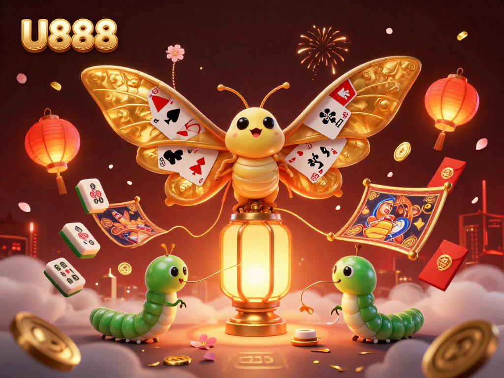 U888 players enjoy a vibrant and captivating casino scene with a legendary moth and festive elements