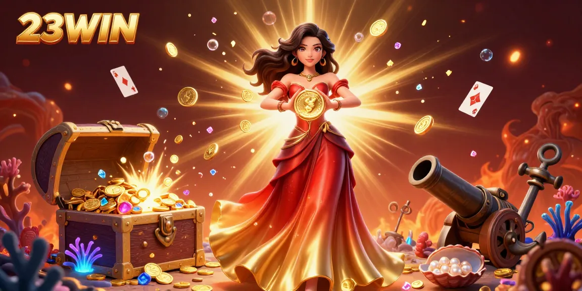 Win big with 23WIN in this vibrant casino scene featuring an Asian woman, coins, and a treasure chest.