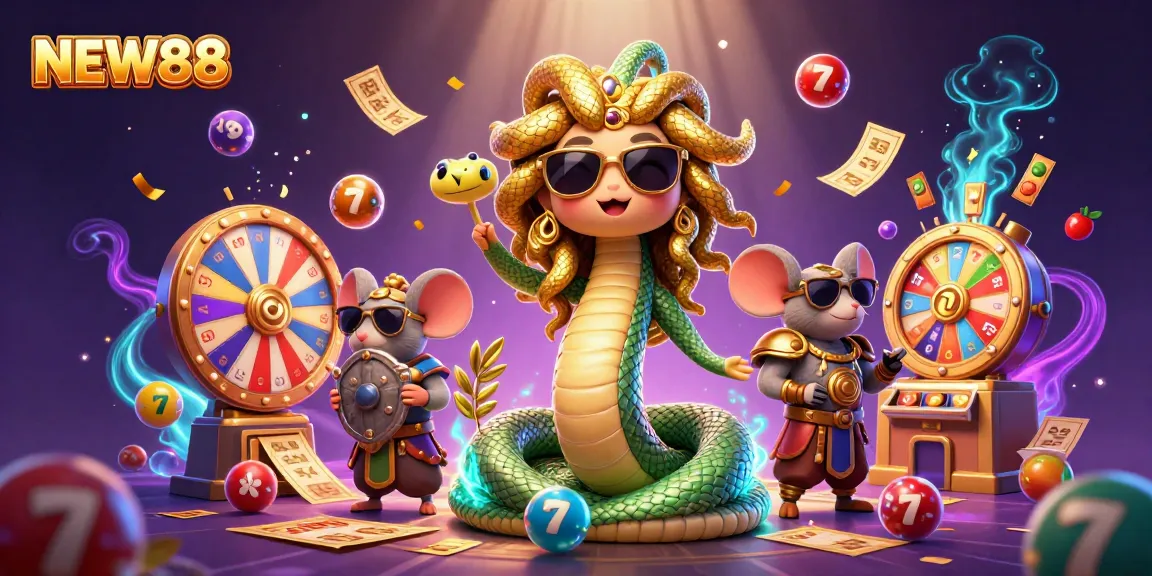 Experience thrilling gameplay at NEW88 with a dynamic lottery and casino fun illustration.