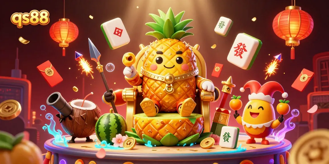 qs88 casino illustration with golden pineapple king, coconut guards, and lively game elements