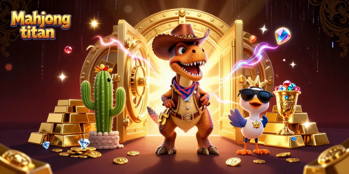Engage in mahjong titan with vibrant treasures, T-Rex, and dynamic Western elements.