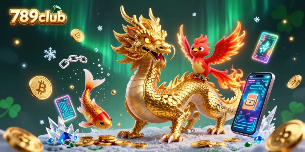 Join the excitement of 789club with fierce dragon and phoenix amidst a shower of coins and crypto elements.