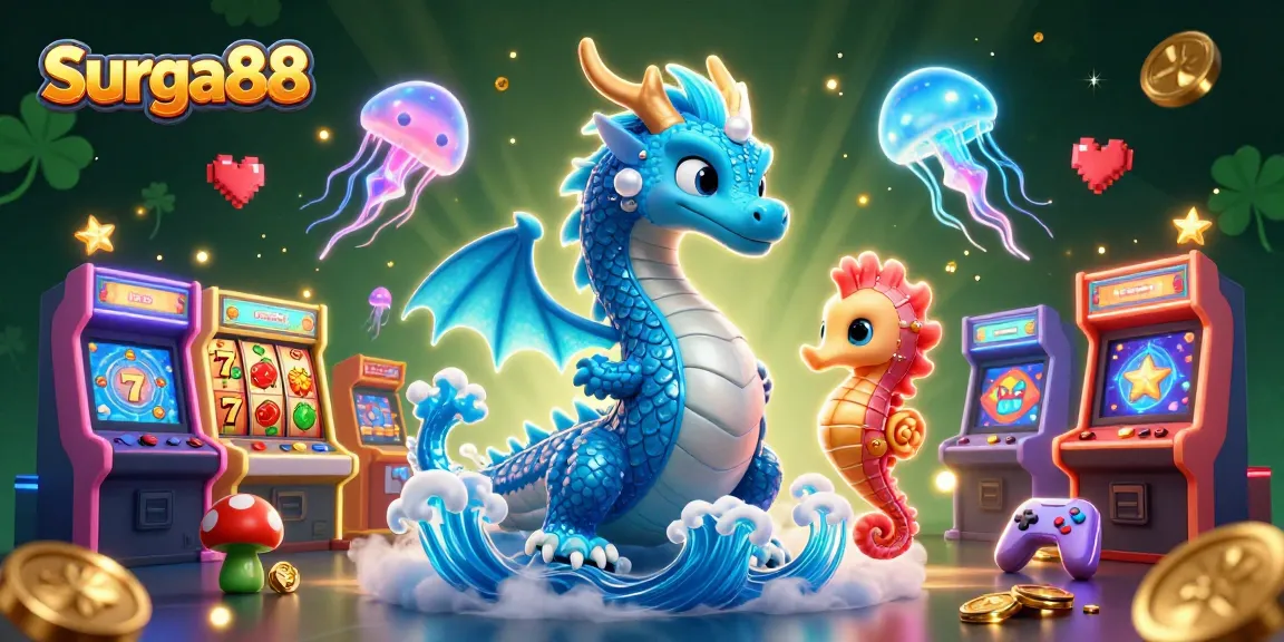 Experience thrilling spins at Surga88 with an underwater fantasy featuring a majestic dragon and vibrant casino elements.