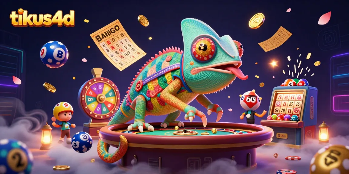 Engage with tikus4d's vibrant casino atmosphere amidst swirling lottery elements and a colorful chameleon mascot.