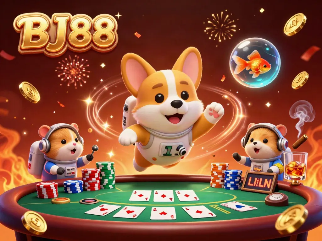 BJ88 floating gaming scene with a 3D astronaut corgi and poker elements in space casino