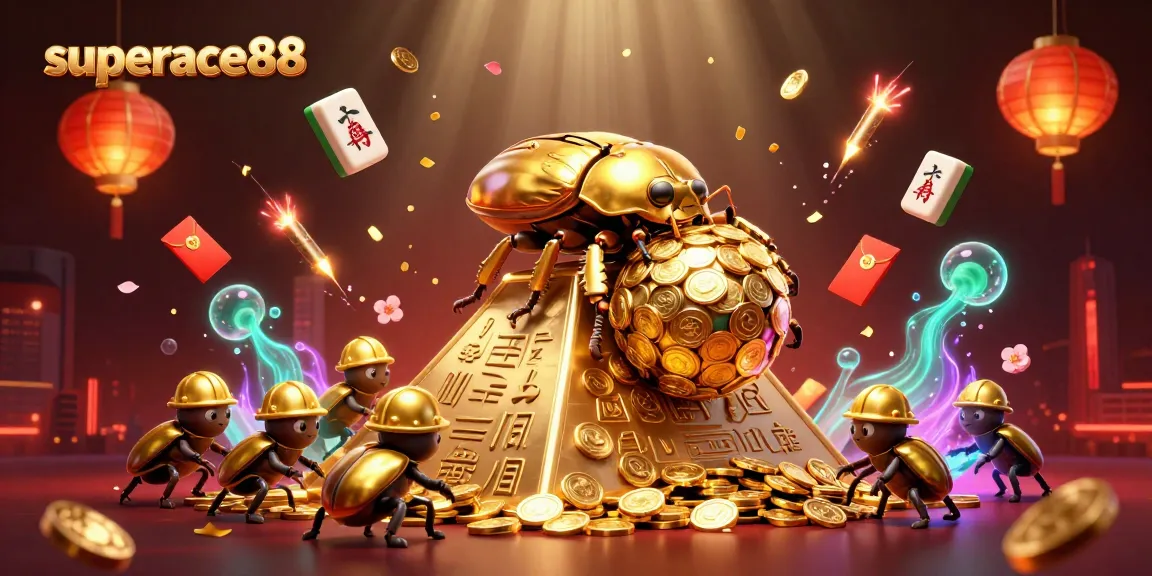 Engage with thrilling gaming at superace88 featuring golden beetles celebrating jackpots.