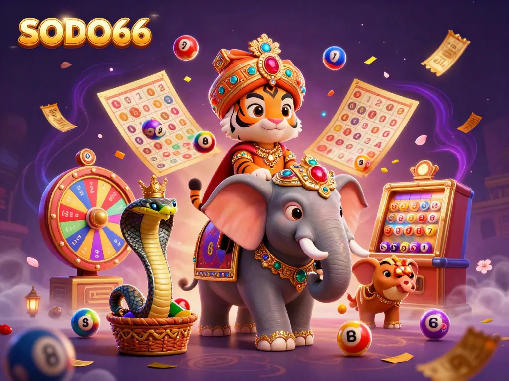 Engage in vibrant gaming with SODO66, featuring a maharaja tiger and elephant in a thrilling casino scene.