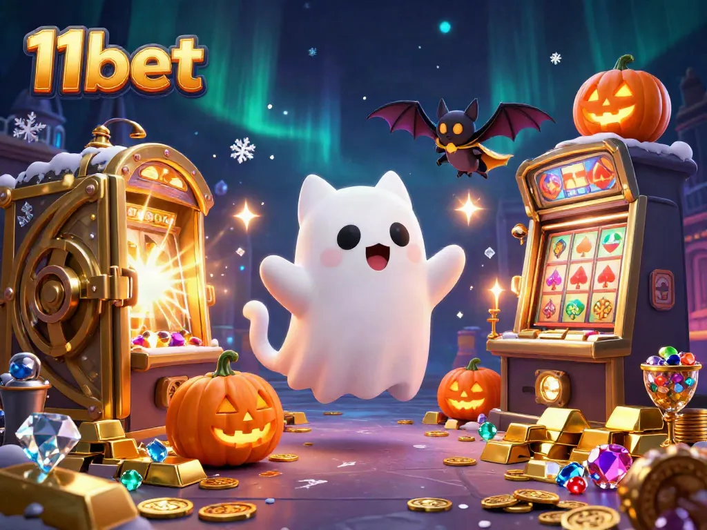 Experience gaming thrills at 11bet with a haunted casino illustration featuring a ghost cat and treasures.