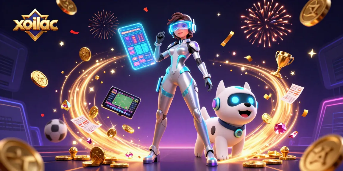Xoilac delivers dynamic sports betting experiences with a woman and cartoon dog amidst a vivid casino backdrop.