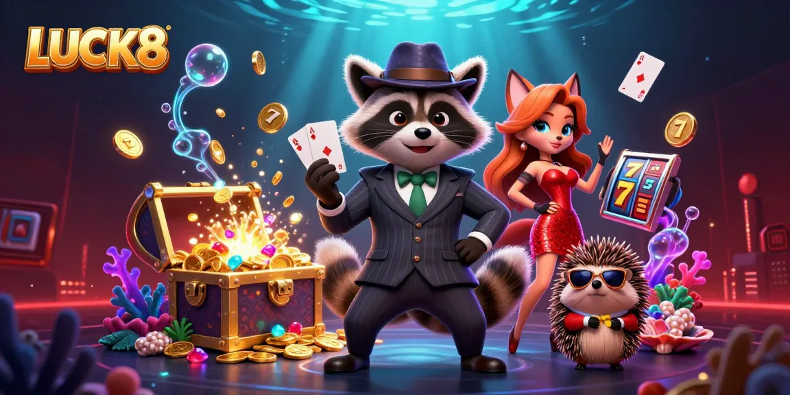 LUCK8 interactive gaming experience with charming raccoon and fox at a vibrant casino scene.