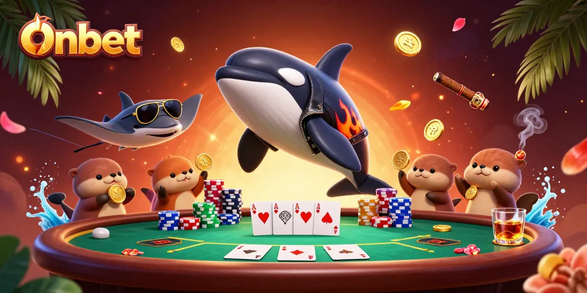 Join Onbet for thrilling poker action with characters celebrating and golden coins flying in a vibrant scene.