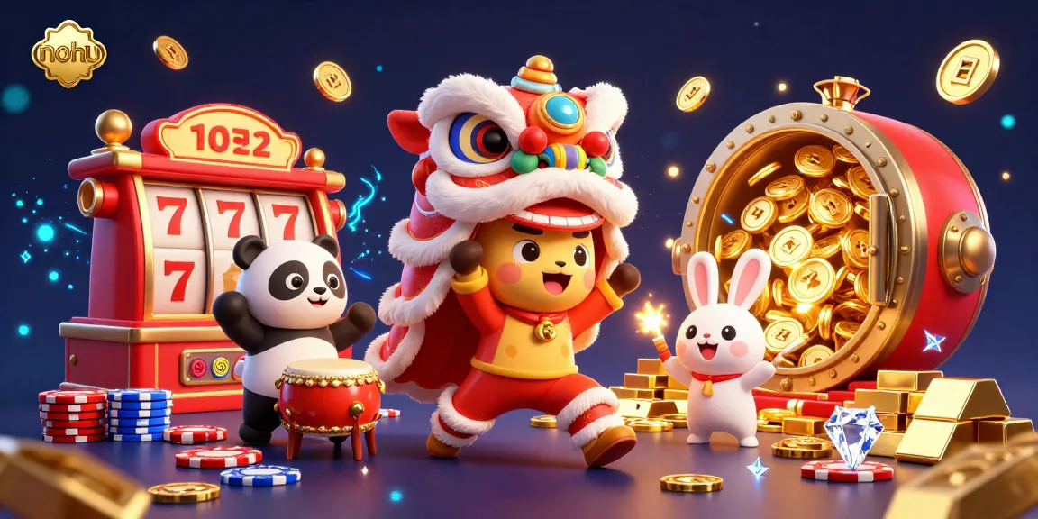 Nohu celebratory scene features vibrant lion dance with casino elements celebrating big wins and excitement.